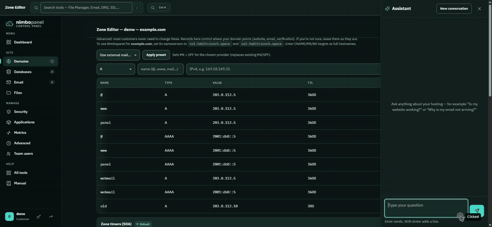 Screen recording of the panel. A customer asks the assistant to remove an old DNS record. The assistant proposes it on a card, the customer presses Approve and confirms, and the record is gone from the zone.