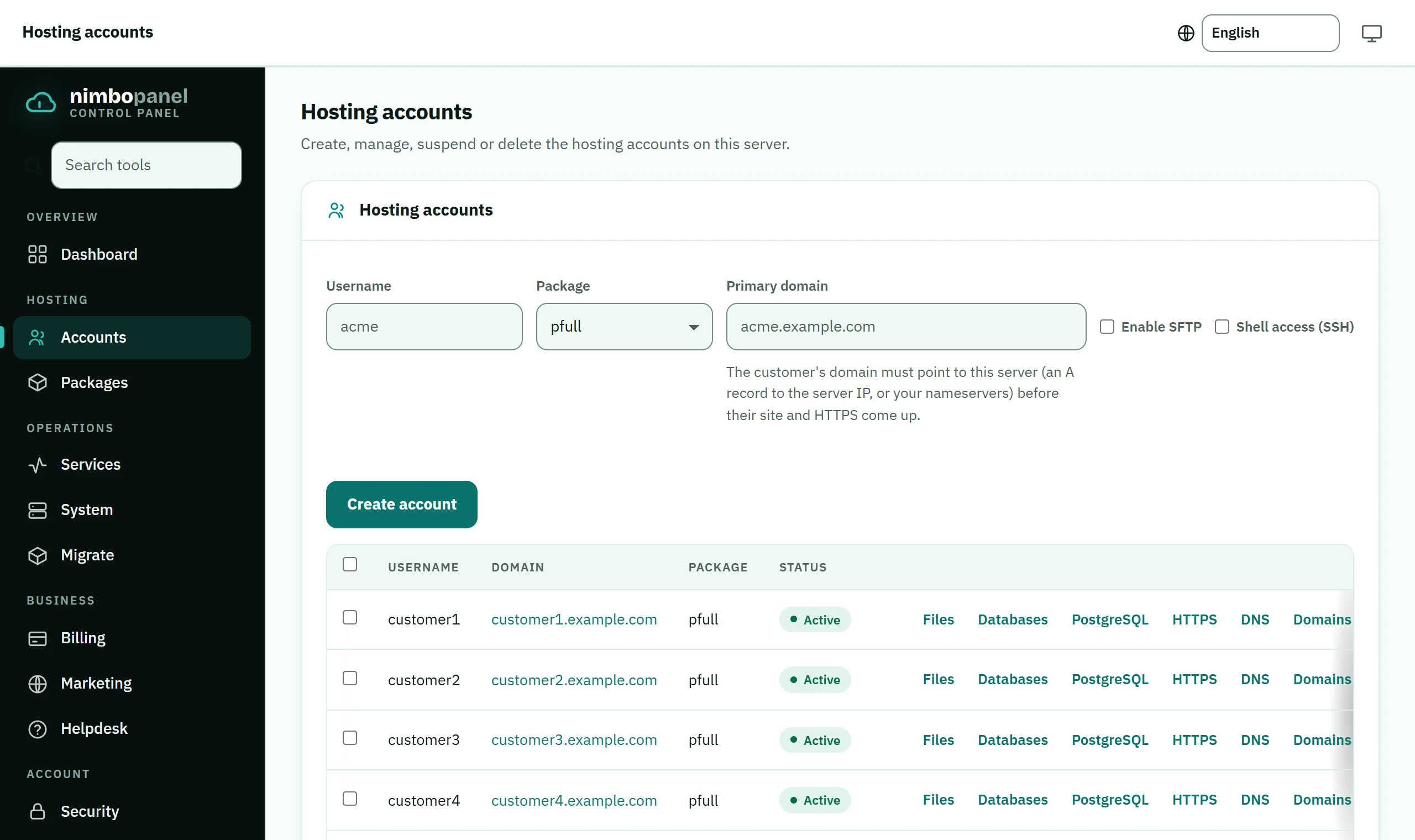 The Nimbopanel hosting-accounts page: a form to create an account, and a list of accounts with their domain, package and status.